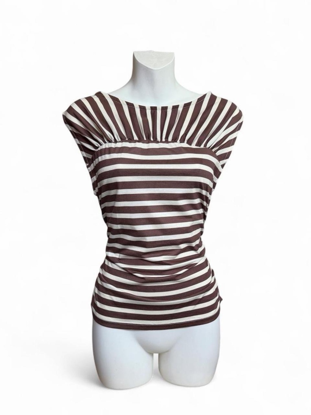 ASOS Brown and White Striped Boatneck Short Sleeve Top